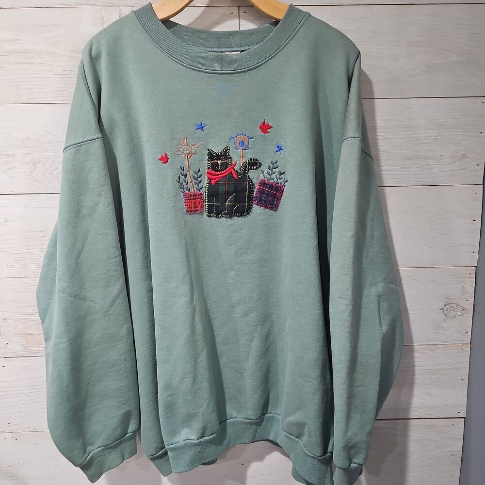 Vtg Embroidered Cat Sweatshirt XL Teal Green Crewneck Cottagecore 90s